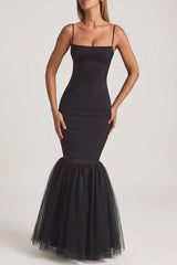 Tulle Hem Fishtail Gown in Black