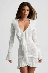 Ruffle Trim Pointelle Knit Mini Dress in White
