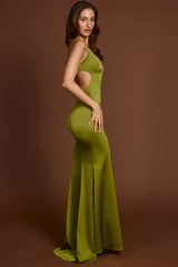 Scoop Neck Lace up Back Maxi Dress in Olive Green