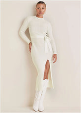 Belted Maxi Sweater Dress Off White