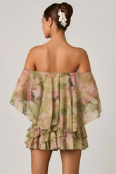 Off Shoulder Ruffled Mini Dress in Floral Multi Print