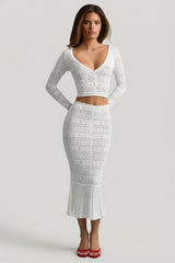 Ruffle Trim Pointelle Knit Midaxi Skirt in White