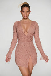 Embellished Wrap Over A Line Mini Dress in Beige