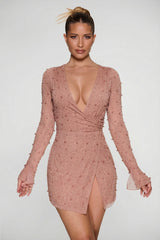 Embellished Wrap Over A Line Mini Dress in Beige