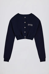 Brushed Jersey Button Up Cropped Cardigan in Classic Navy