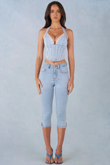 Mid Rise Denim Capri Jeans in Light Denim