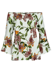 Bell Sleeve Printed Top White Floral Multi