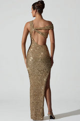 Embellished Asymmetric Cut Out Gown in Gold