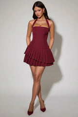 Asymmetric Layered Halterneck Mini Dress in Wine Red