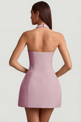 Pinstripe Halterneck Structured A Line Mini Dress in Mauve