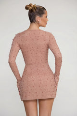 Embellished Wrap Over A Line Mini Dress in Beige