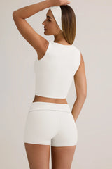 Modal Ribbed Mid Rise Foldover Shorts in White