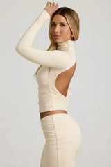 Modal Ruched Backless Turtleneck Top in Ivory