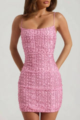 Embellished Scoop Neck Bodycon Mini Dress in Pink
