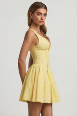 Broderie Anglaise Bow Detail A Line Mini Dress in Pastel Yellow