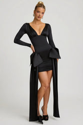Bow Detail Ruched Mini Dress in Black