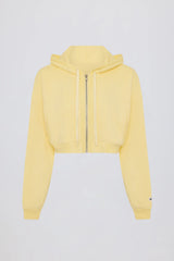 Terry Cotton Zip Up Cropped Hoodie in Lemon