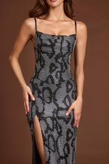 Embellished Peekaboo Cowl Neck Dress in Silver Snake