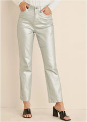 Metallic Straight Leg Jeans Silver Metallic