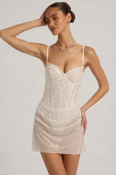 Semi Sheer Embellished Draped Corset Mini Dress in White