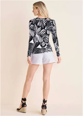 Asymmetric Neck Top Black Contrast Bold Leaves