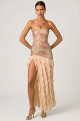 Embellished Ruffle Trim Strapless Gown in Rose Hotfix