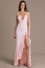 Chiffon Cowl Neck Open Back Gown in Baby Pink