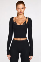 Ribbed Modal Long Sleeve Laced Bra Top in Black