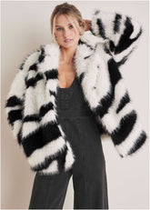 Zebra Print Faux Fur Coat White Multi