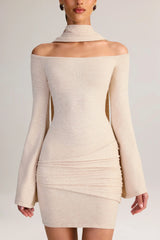 Knit Scarf Detail Off Shoulder Mini Dress in Cream