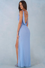 One Shoulder Maxi Dress in Blue Polka Dot Print