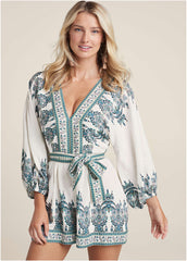 Linen Tie Waist Romper White Multi