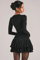 V Neck Ruffle Skirt Mini Dress in Black