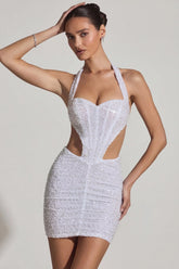 Embellished Cut Out Halterneck Mini Dress in White