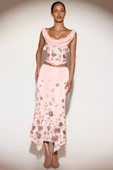Embellished Mid Rise Hanky Hem Midaxi Skirt in Pink