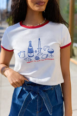 Croissants For Dinner White Graphic Cropped Tee