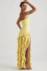 Ruffle Trim Strapless Gown in Pastel Yellow