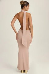 Scarf Detail Cut Out Halterneck Maxi Dress in Warm Peach