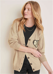 Sequin Heart Cardigan Oatmeal Multi