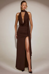 Soft Jersey Plunge Halterneck Maxi Dress in Chocolate Brown