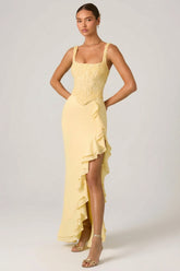 Embellished Ruffle Trim Corset Gown in Yellow