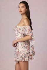 Off Shoulder Ruffled Mini Dress in Primrose Floral Print