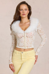 Lace Faux Fur Trim Cardigan in Ivory