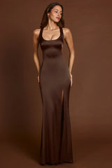 Scoop Neck Lace up Back Maxi Dress in Chocolate Brown