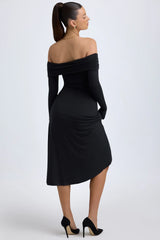 Modal Off Shoulder Ruched Midaxi Dress in Black