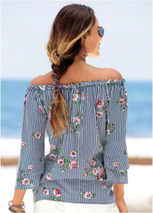 Floral 3 4 Sleeve Top Blue Multi