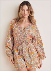 Linen Tie Waist Romper Medallion Golden Patchwork