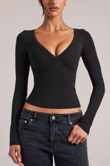 V Neck Long Sleeve Top in Black