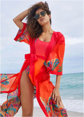Belted Kimono Cover Up Tropical Sunset Border