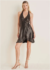 Metallic Halter Mini Dress Gold